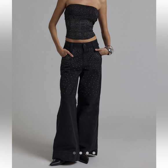 NWT Urban Outfitters Silence + Noise Montana Crystal Embellished Pants in Black - Picture 1 of 4